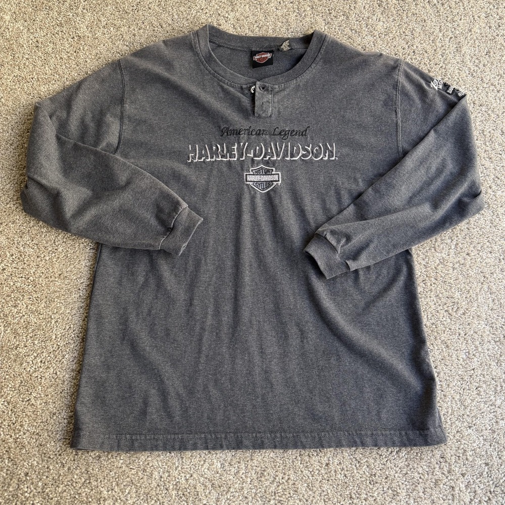 Harley-Davidson Shirt Mens Medium Gray Henley Motorcycle Graphic Tee T-Shirt